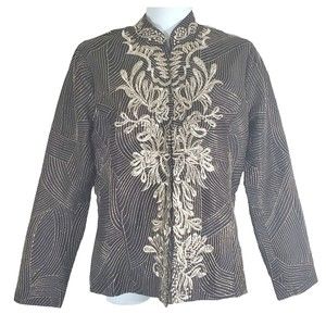 Chicos Blazer Jacket 0 XS 4 Dark Brown Metallic Embroidered Embellished Mandarin